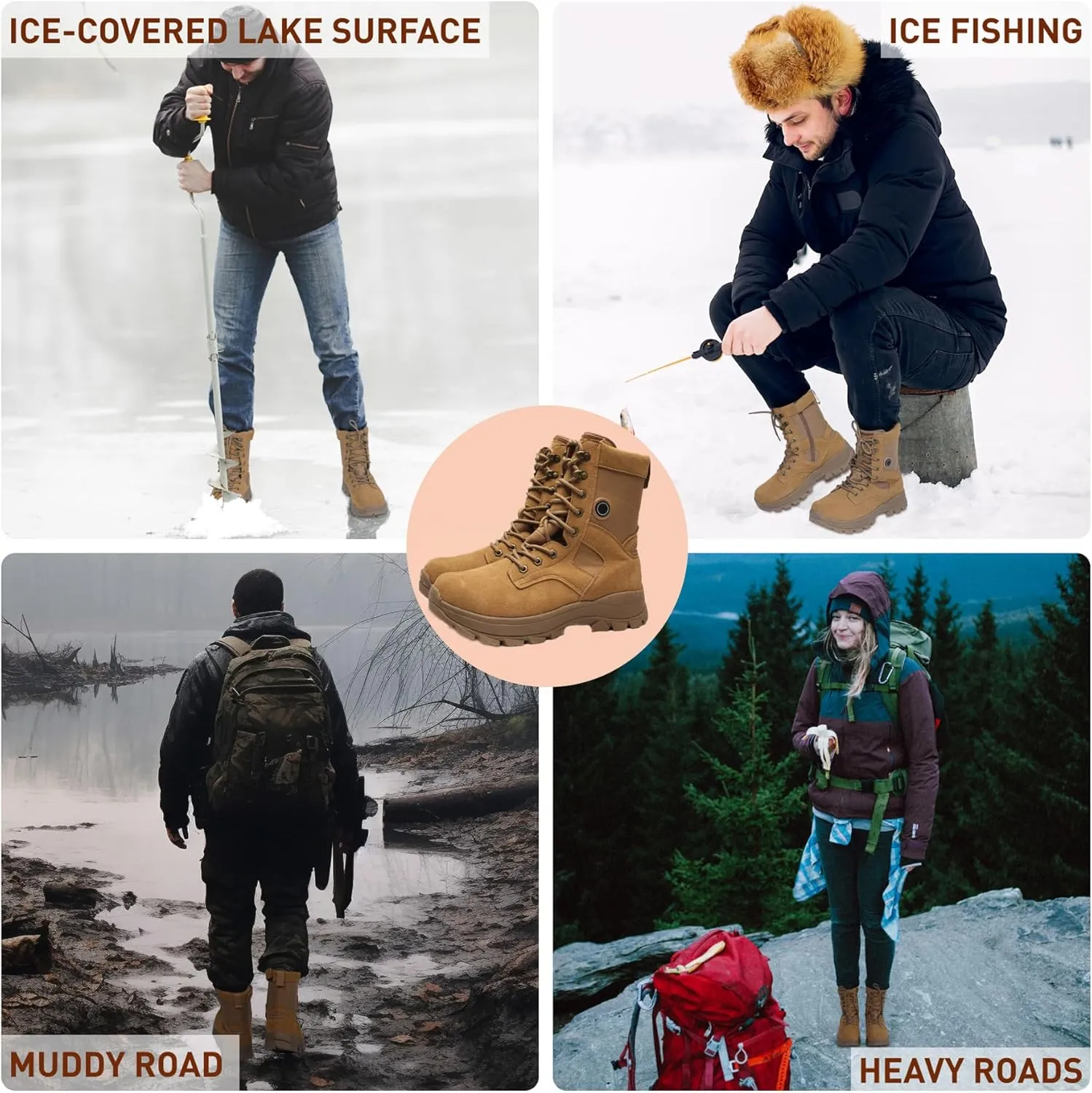 Loowoko Heated Boots for Men & Women, Rechargeable Battery Operated Electric Heating Foot Warmer, Waterproof Military Tactical Combat Boot with Slip-Resistant Ice Cleat, 3 Level Temperature Control