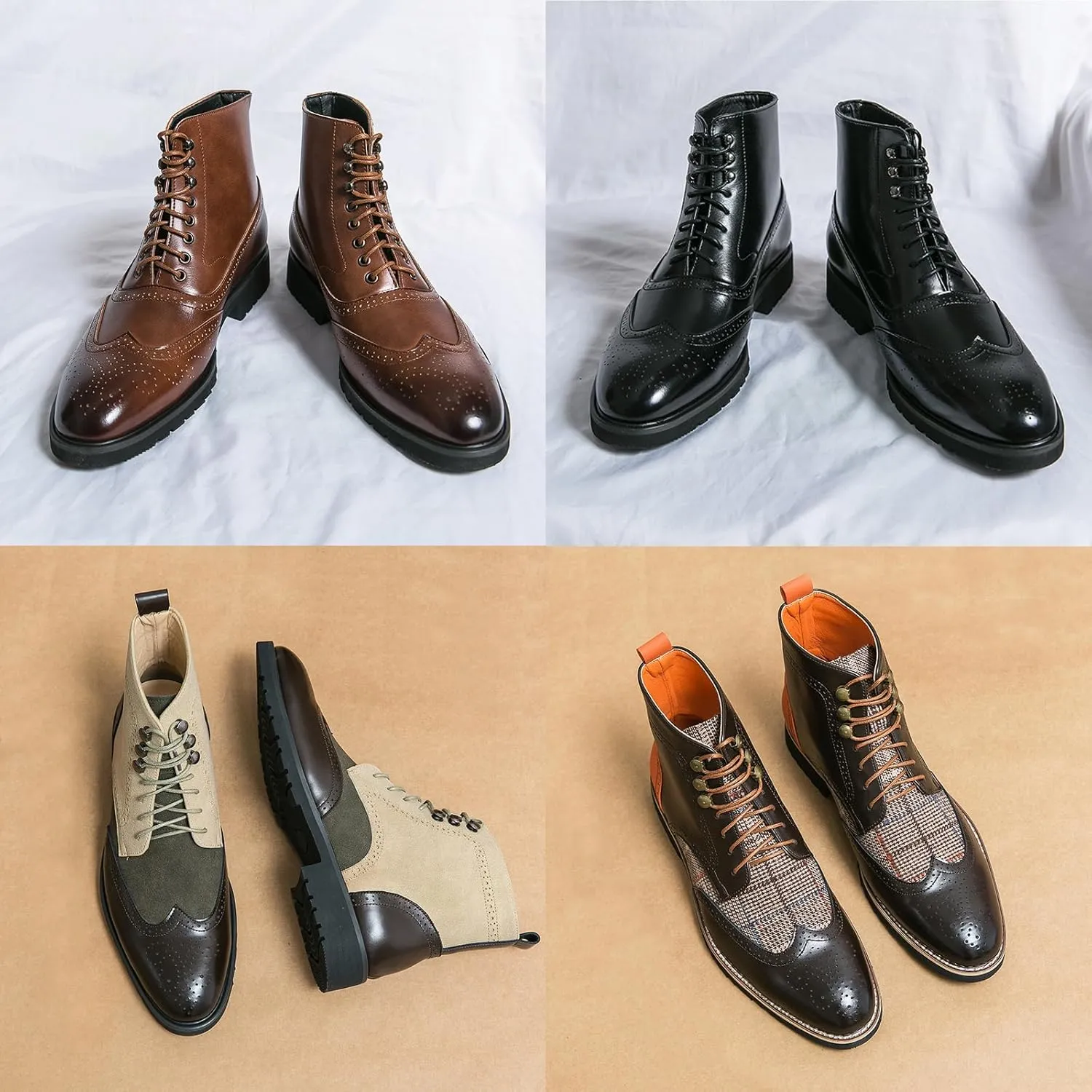 Lossarye Men's Wingtip Brogue Dress Boots,Fashion Leather High Top Lace Up Oxford Ankle Boots Business Casual Chukka Boot