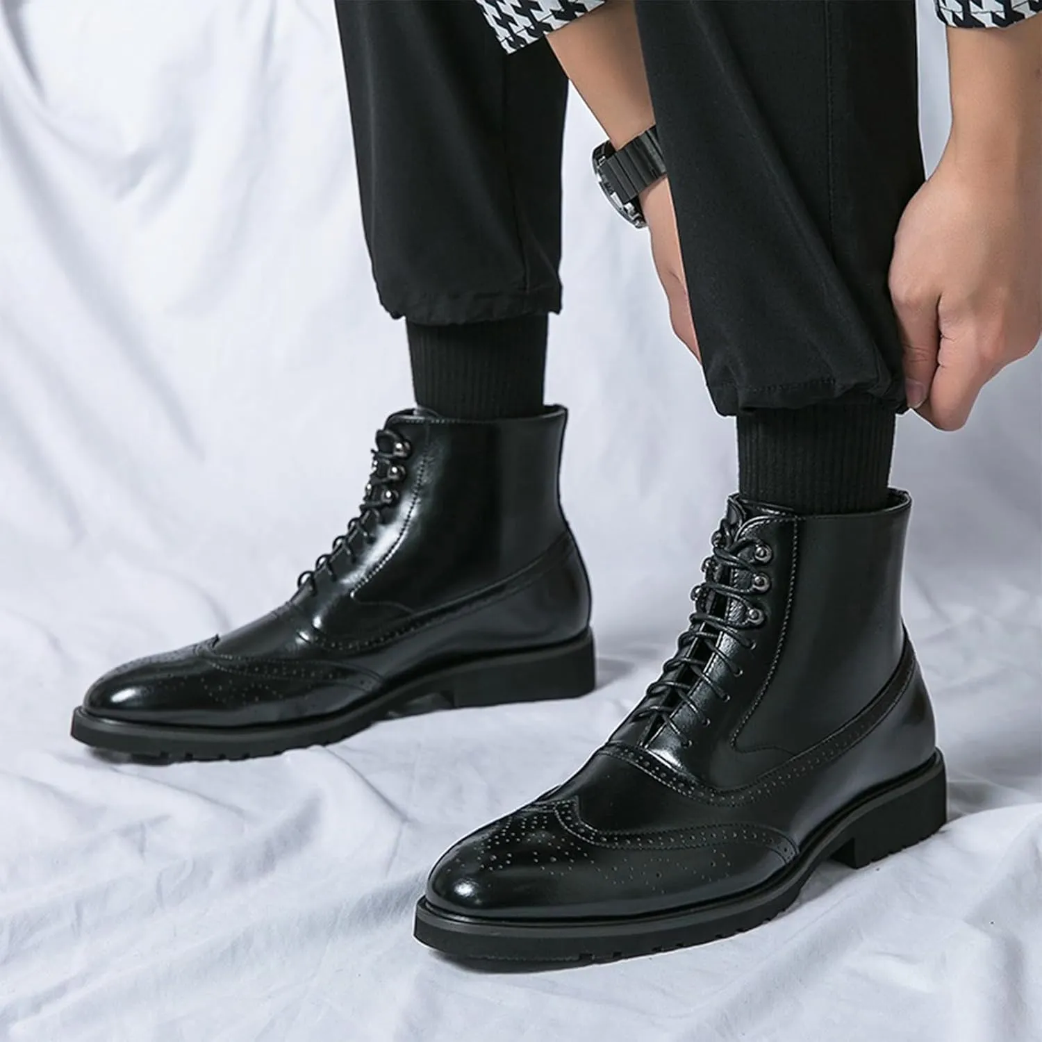 Lossarye Men's Wingtip Brogue Dress Boots,Fashion Leather High Top Lace Up Oxford Ankle Boots Business Casual Chukka Boot
