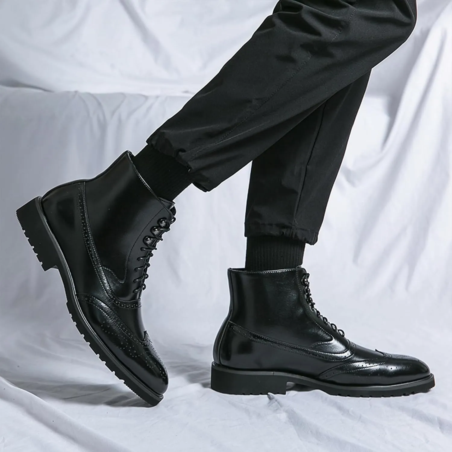 Lossarye Men's Wingtip Brogue Dress Boots,Fashion Leather High Top Lace Up Oxford Ankle Boots Business Casual Chukka Boot