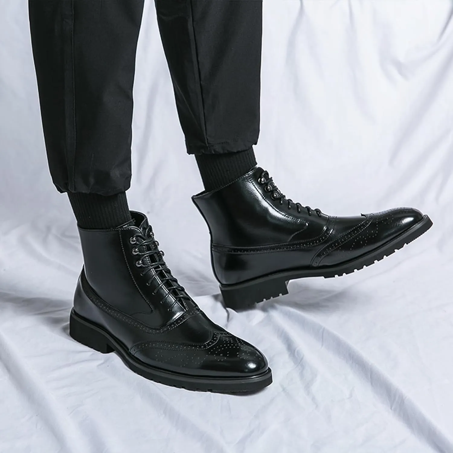 Lossarye Men's Wingtip Brogue Dress Boots,Fashion Leather High Top Lace Up Oxford Ankle Boots Business Casual Chukka Boot