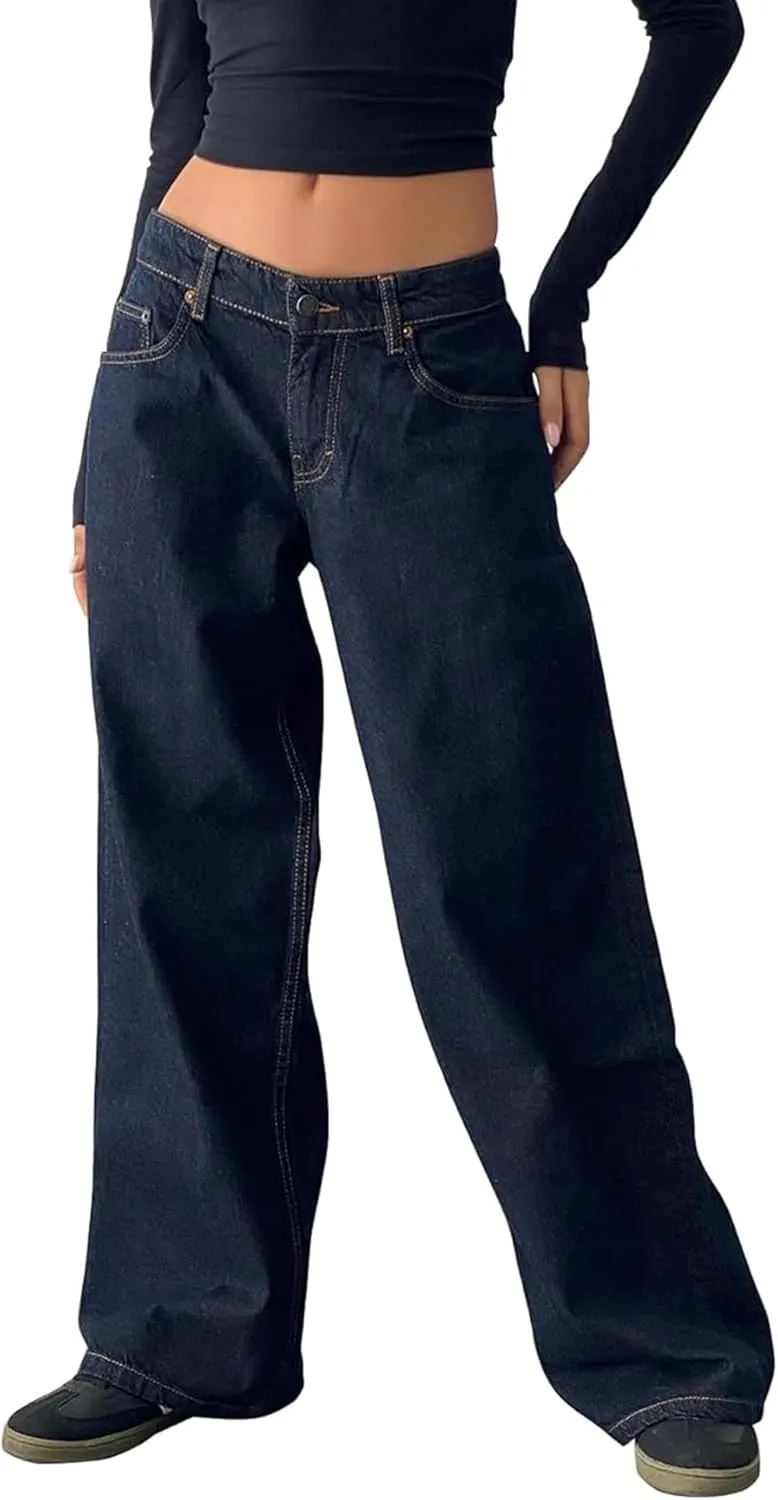 Low Rise Baggy Jeans for Women y2k Straight Wide Leg Boyfriend Trendy Cute Jeans White Long Denim Pants