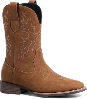 Lumeheel Cowboy Boots for Men - Western Men's Boots with Classic Embroidered, Slip on Square Toe Boots, Slip Resistant Country Boots Chunky Heel Ankle, Durable Short Boots for Spring Fall