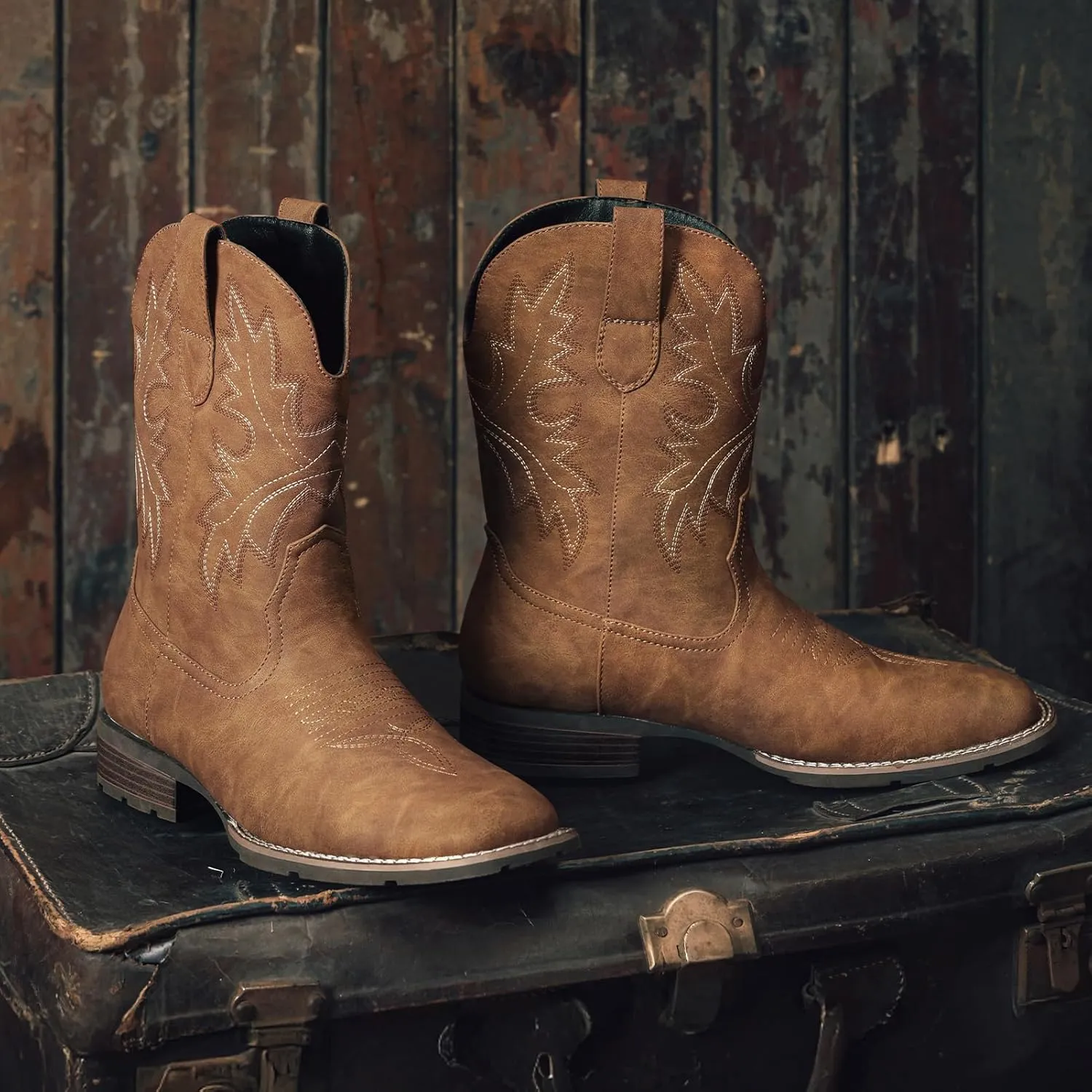 Lumeheel Cowboy Boots for Men - Western Men's Boots with Classic Embroidered, Slip on Square Toe Boots, Slip Resistant Country Boots Chunky Heel Ankle, Durable Short Boots for Spring Fall