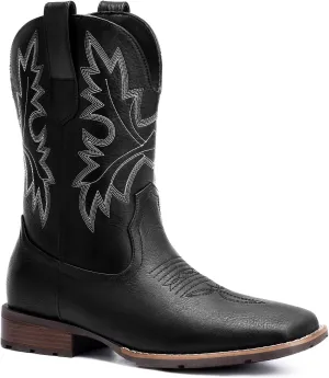Lumeheel Cowboy Boots for Men - Western Men's Boots with Classic Embroidered, Slip on Square Toe Boots, Slip Resistant Country Boots Chunky Heel Ankle, Durable Short Boots for Spring Fall