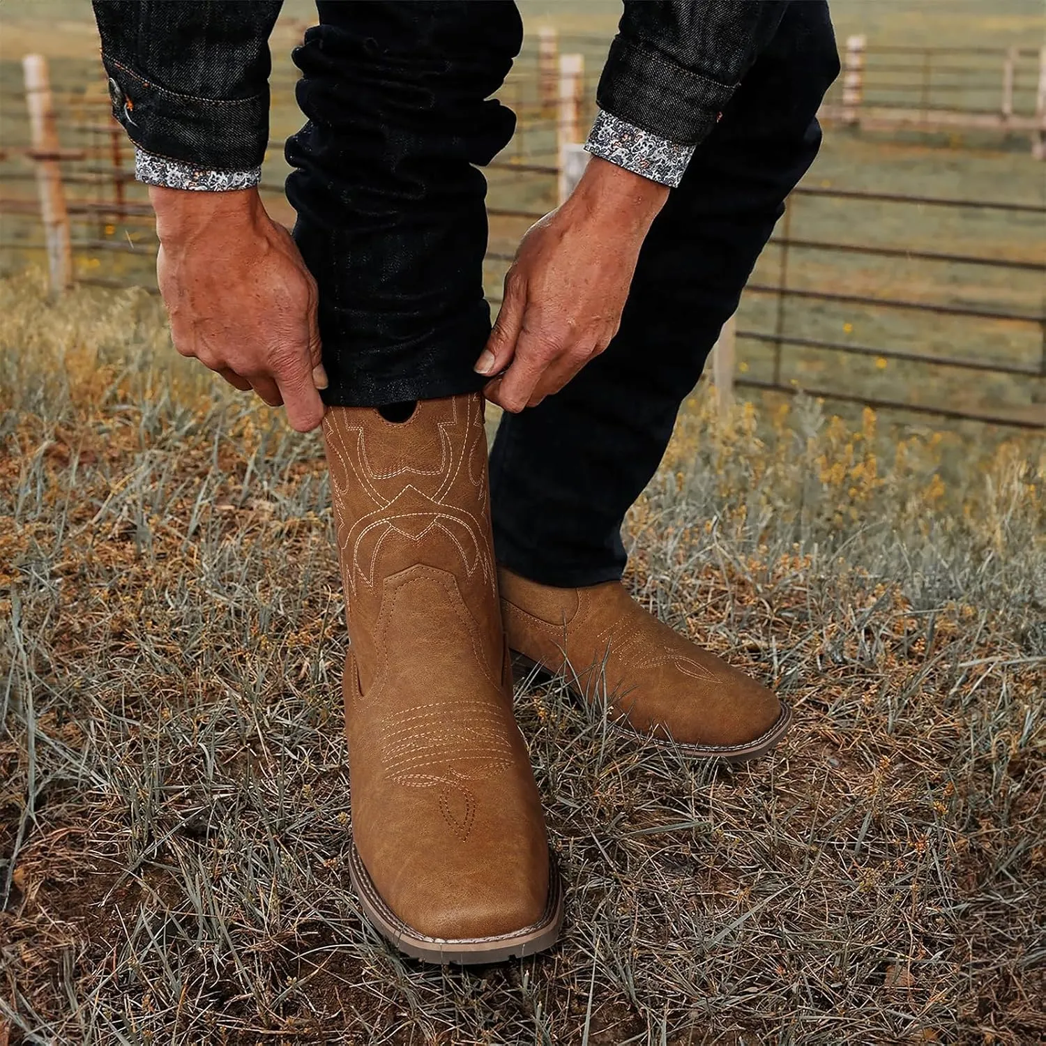 Lumeheel Cowboy Boots for Men - Western Men's Boots with Classic Embroidered, Slip on Square Toe Boots, Slip Resistant Country Boots Chunky Heel Ankle, Durable Short Boots for Spring Fall