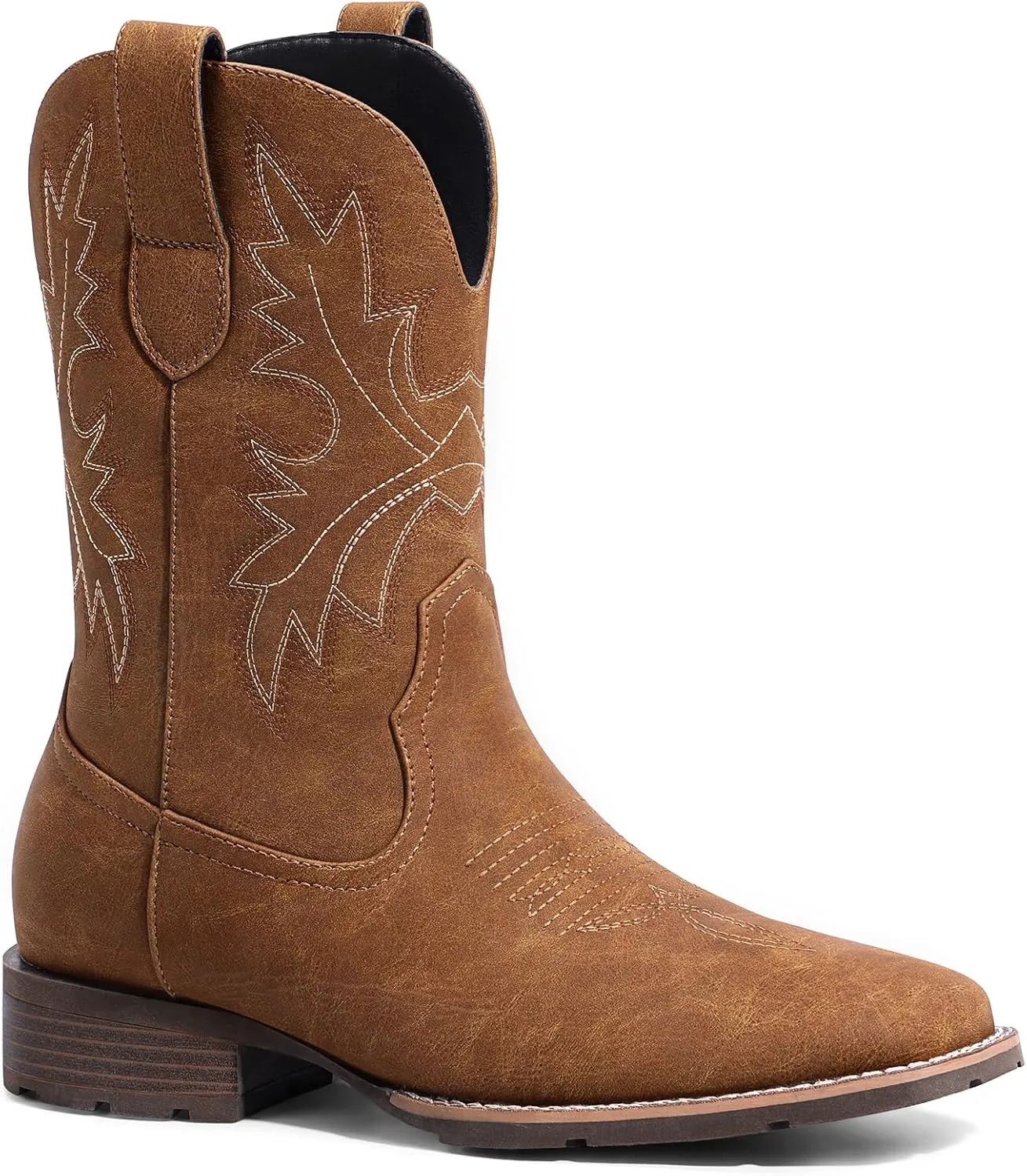 Lumeheel Cowboy Boots for Men - Western Men's Boots with Classic Embroidered, Slip on Square Toe Boots, Slip Resistant Country Boots Chunky Heel Ankle, Durable Short Boots for Spring Fall
