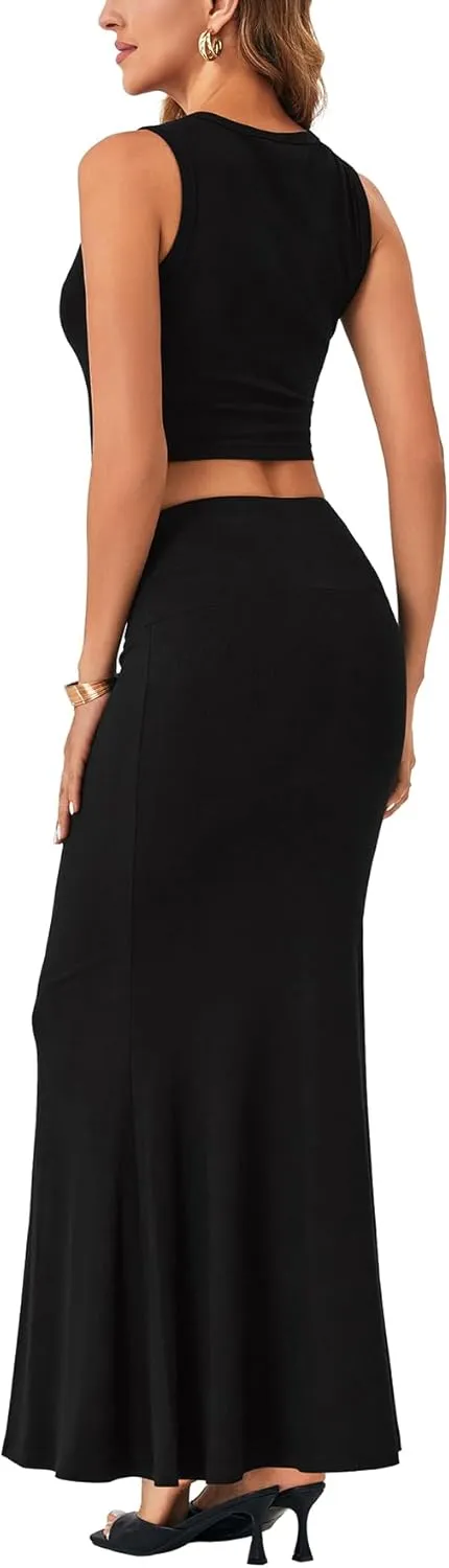 LYANER Women's Ribbed Knit 2 Piece Outfits Sleeveless Crop Top and Bodycon Maxi Skirt Set