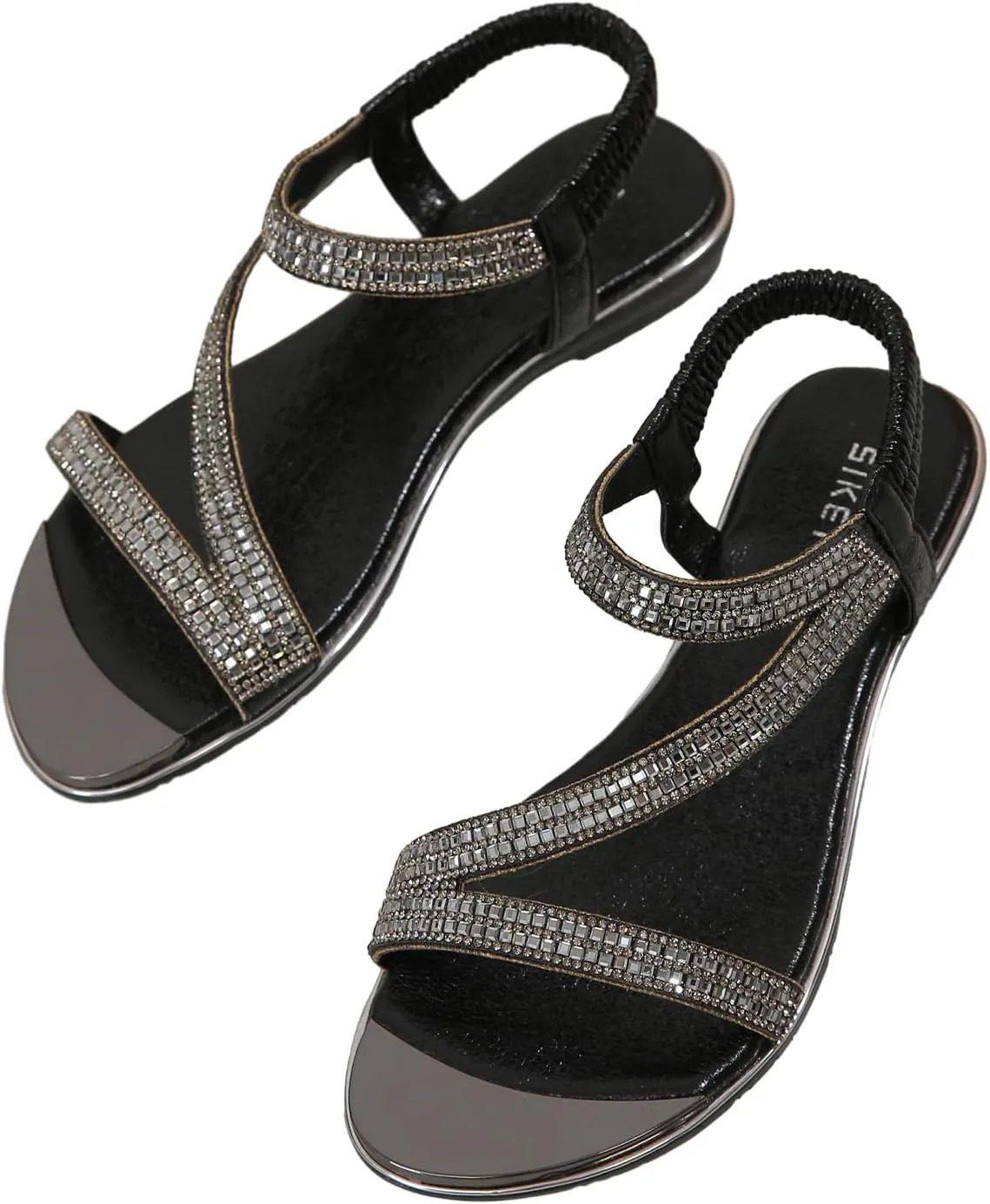 Meeshine Women's Rhinestone Flat Sandals Open Toe Comfortable Dressy Summer Ankle Casual Wedding Party Beach Sandals