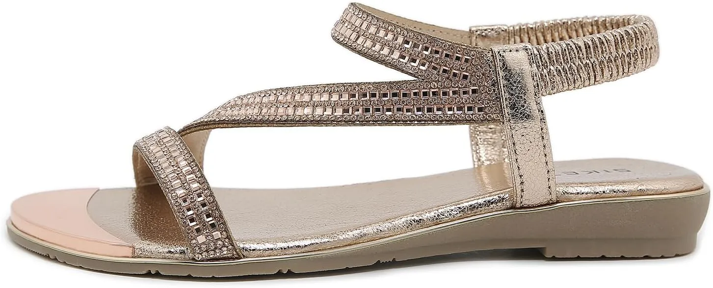 Meeshine Women's Rhinestone Flat Sandals Open Toe Comfortable Dressy Summer Ankle Casual Wedding Party Beach Sandals