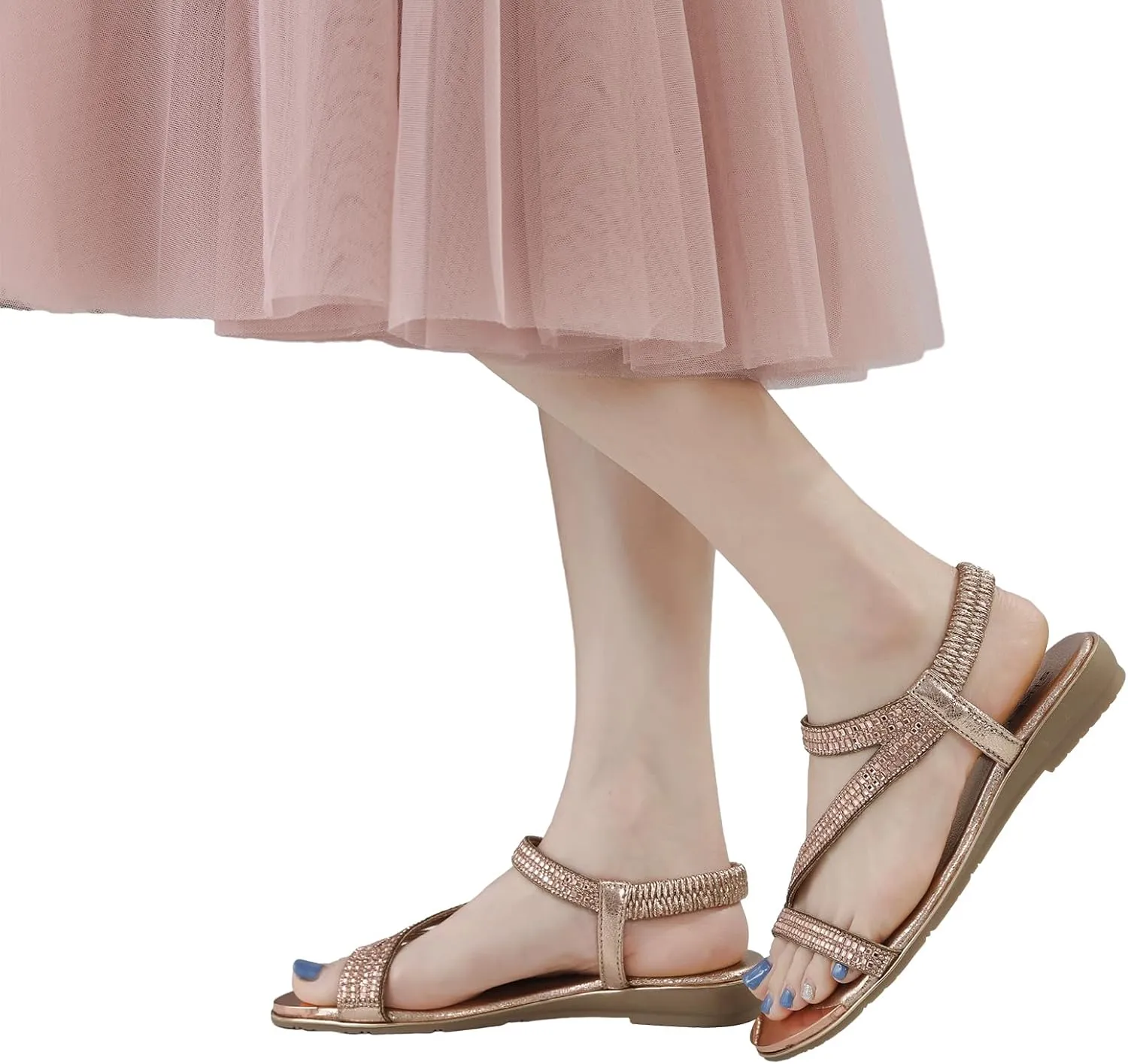 Meeshine Women's Rhinestone Flat Sandals Open Toe Comfortable Dressy Summer Ankle Casual Wedding Party Beach Sandals