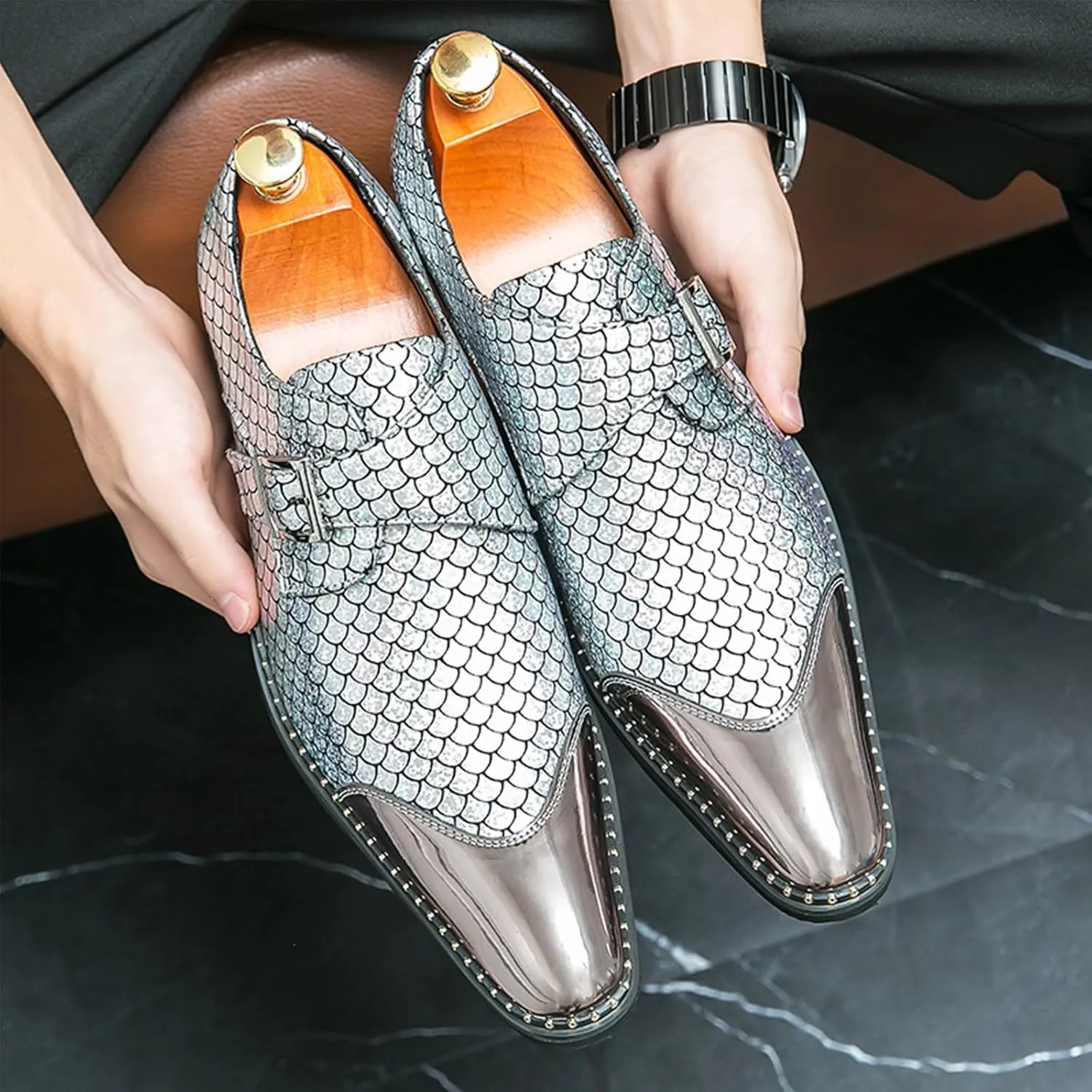 Men Leather Monk Strap Slip On Pointed Toe Dress Loafers Fashion Color Matching Metal Cap Toe Formal Business Casual Party Dancing Oxford Shoes
