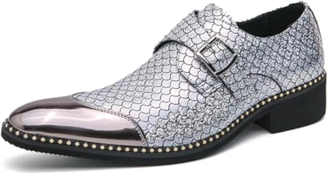Men Leather Monk Strap Slip On Pointed Toe Dress Loafers Fashion Color Matching Metal Cap Toe Formal Business Casual Party Dancing Oxford Shoes