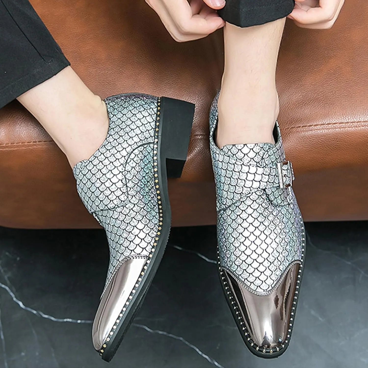 Men Leather Monk Strap Slip On Pointed Toe Dress Loafers Fashion Color Matching Metal Cap Toe Formal Business Casual Party Dancing Oxford Shoes