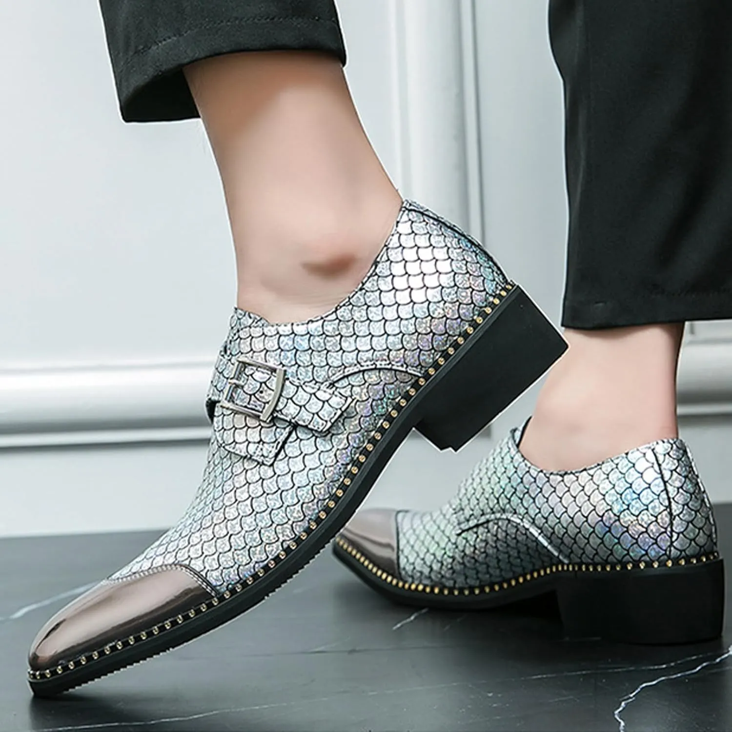 Men Leather Monk Strap Slip On Pointed Toe Dress Loafers Fashion Color Matching Metal Cap Toe Formal Business Casual Party Dancing Oxford Shoes