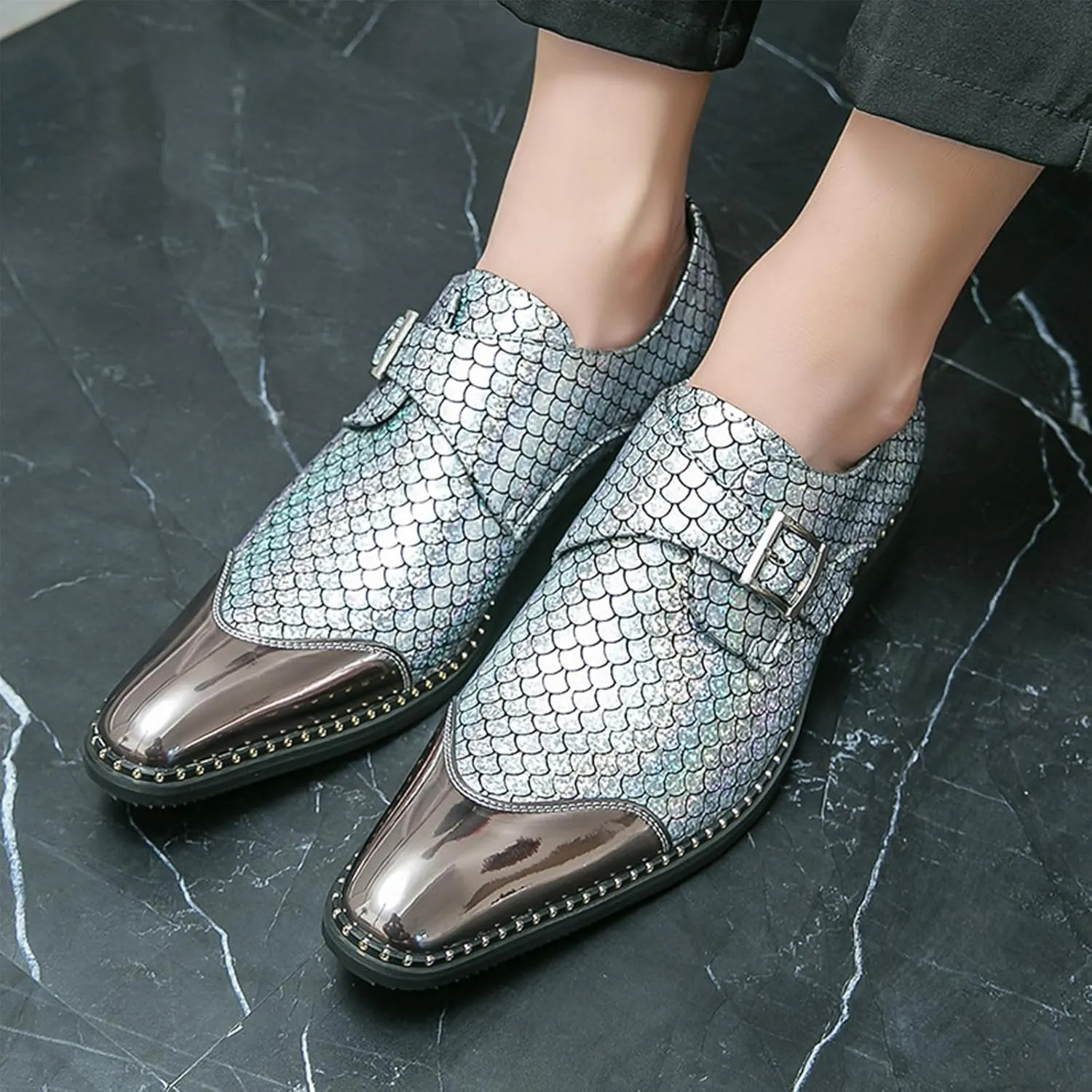 Men Leather Monk Strap Slip On Pointed Toe Dress Loafers Fashion Color Matching Metal Cap Toe Formal Business Casual Party Dancing Oxford Shoes