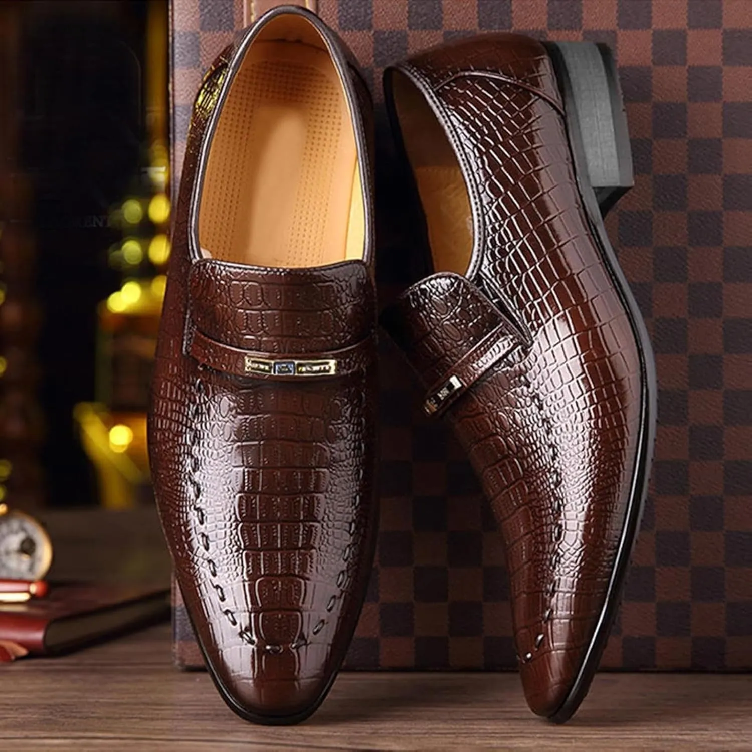 Men's Alligator Printed Dress Oxfords, Men's Oxford Shoes Fashion Crocodile Print Slip-on Pointed-Toe Dress Shoes Men's Business Wedding Shoes