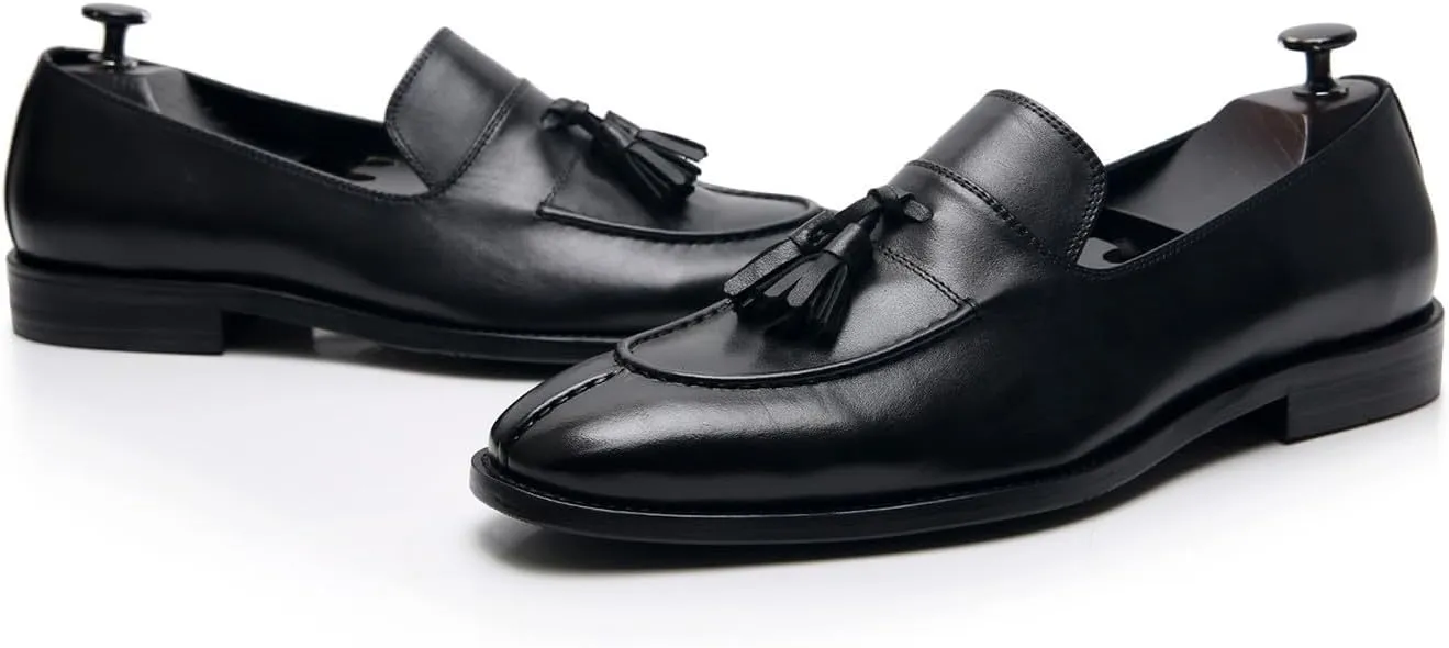 Men's Black Genuine Leather Tassel Loafers - Slip-On Dress Shoes for Casual, Business, Wedding & Prom - Modern Penny Loafers for Suits & Tuxedos