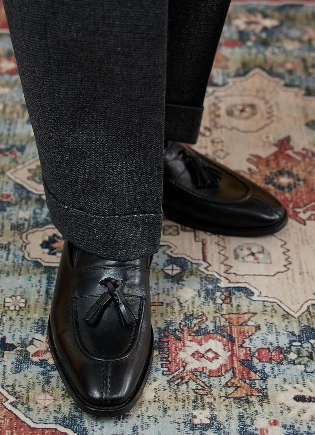 Men's Black Genuine Leather Tassel Loafers - Slip-On Dress Shoes for Casual, Business, Wedding & Prom - Modern Penny Loafers for Suits & Tuxedos