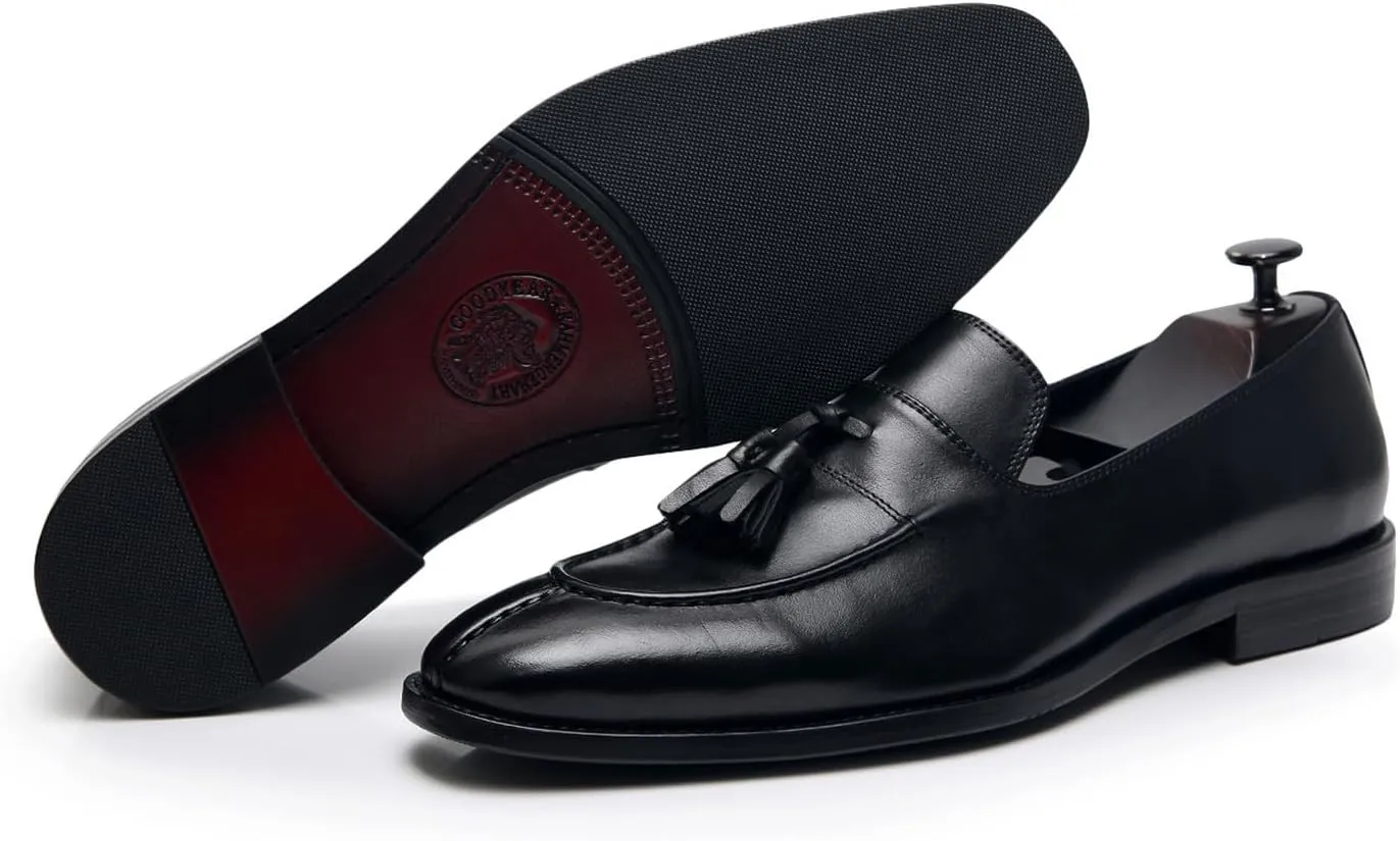 Men's Black Genuine Leather Tassel Loafers - Slip-On Dress Shoes for Casual, Business, Wedding & Prom - Modern Penny Loafers for Suits & Tuxedos