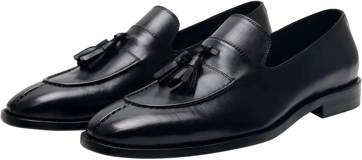 Men's Black Genuine Leather Tassel Loafers - Slip-On Dress Shoes for Casual, Business, Wedding & Prom - Modern Penny Loafers for Suits & Tuxedos