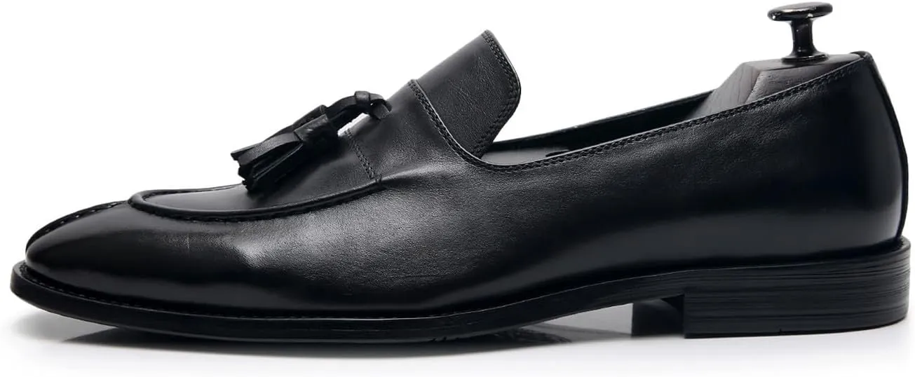 Men's Black Genuine Leather Tassel Loafers - Slip-On Dress Shoes for Casual, Business, Wedding & Prom - Modern Penny Loafers for Suits & Tuxedos