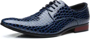 Mens Dress Shoes Fashion Faux Crocodile Patent Leather Formal Shoes Lace-up Pointed-Toe Wedding Party Oxford Shoes