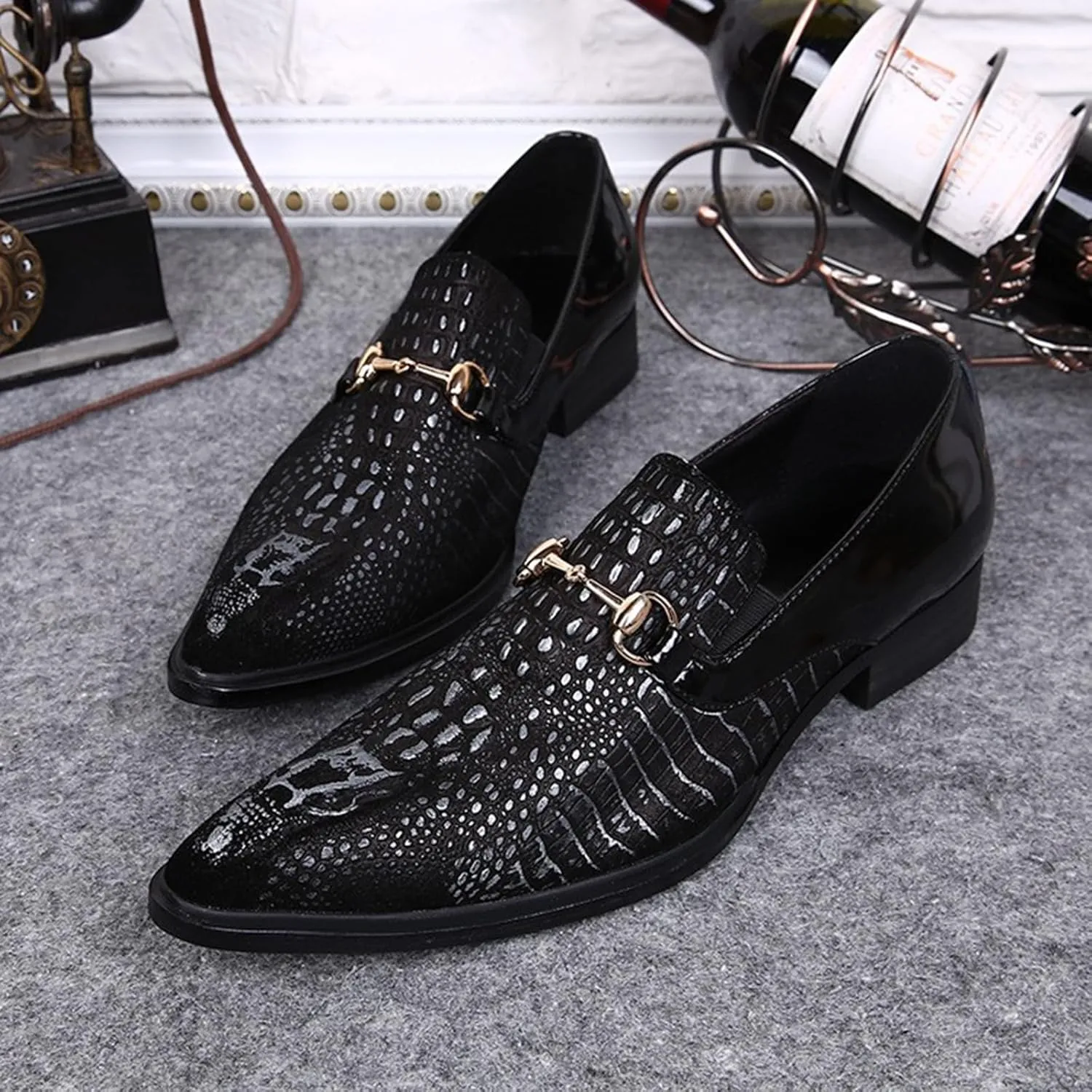 Mens Dress Shoes, Loafers Genuine Leather Plus Size Crocodile Pattern Slip on Casual Business Low Top Pointed Toe Breathable Suit Shoes, 40 EU,Black
