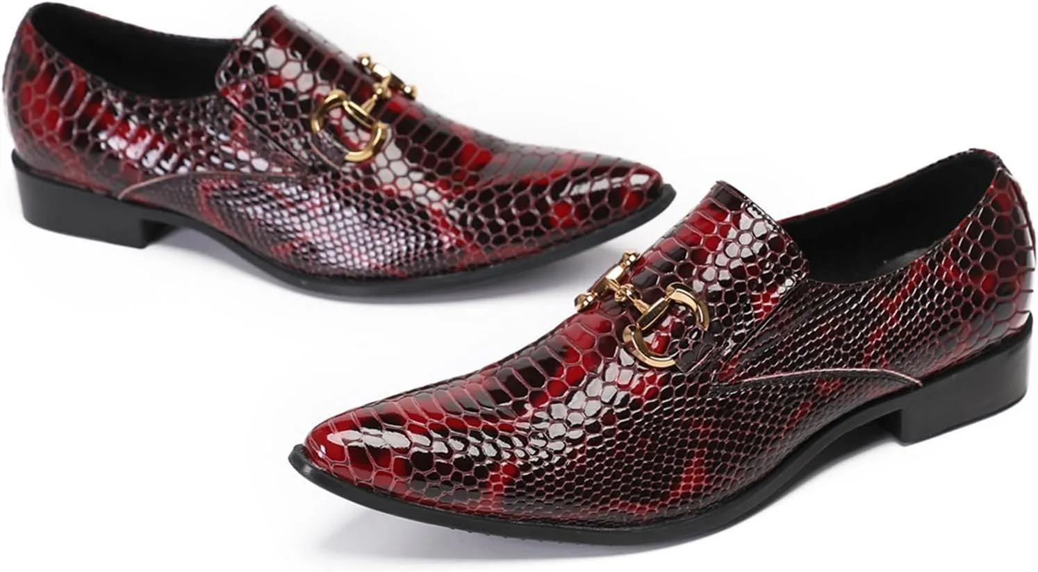 Mens Dress Shoes, Loafers Plus Size Cowhide Shoes Retro Crocodile Pattern Slip on Casual Business Low Top Pointed Toe Breathable Groom Shoes, 38 EU,Red