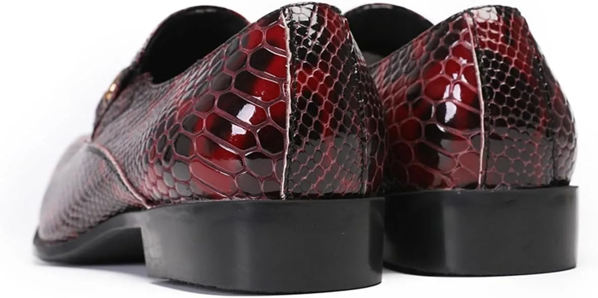 Mens Dress Shoes, Loafers Plus Size Cowhide Shoes Retro Crocodile Pattern Slip on Casual Business Low Top Pointed Toe Breathable Groom Shoes, 38 EU,Red