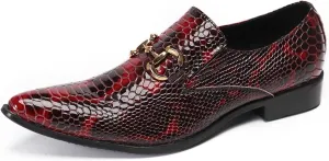 Mens Dress Shoes, Loafers Plus Size Cowhide Shoes Retro Crocodile Pattern Slip on Casual Business Low Top Pointed Toe Breathable Groom Shoes, 38 EU,Red