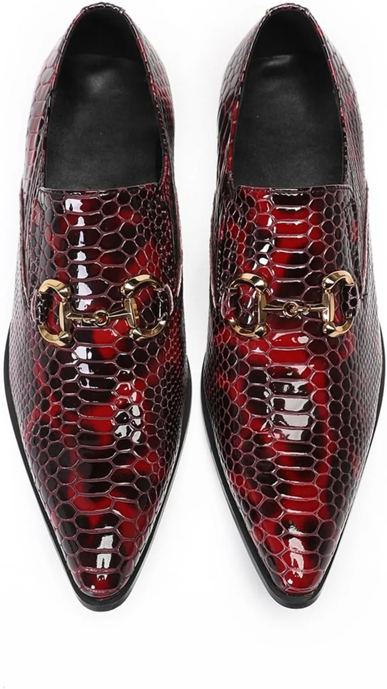 Mens Dress Shoes, Loafers Plus Size Cowhide Shoes Retro Crocodile Pattern Slip on Casual Business Low Top Pointed Toe Breathable Groom Shoes, 38 EU,Red