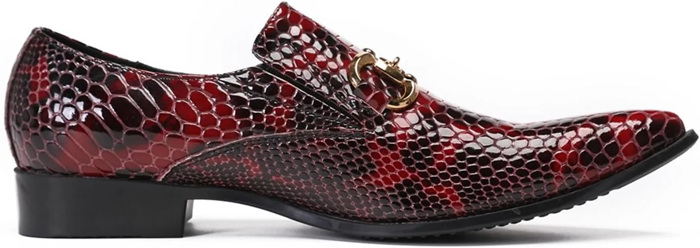 Mens Dress Shoes, Loafers Plus Size Cowhide Shoes Retro Crocodile Pattern Slip on Casual Business Low Top Pointed Toe Breathable Groom Shoes, 38 EU,Red