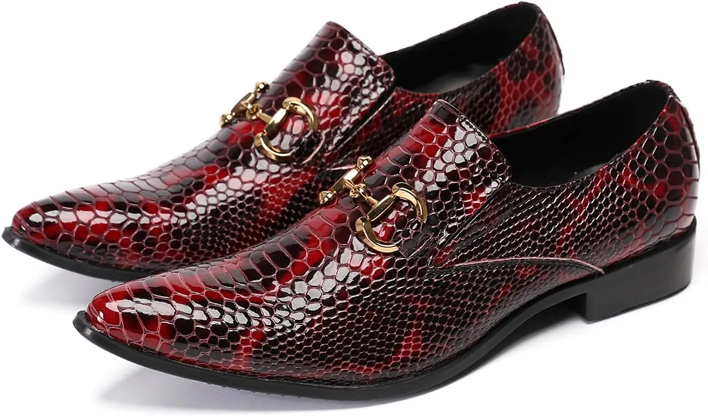 Mens Dress Shoes, Loafers Plus Size Cowhide Shoes Retro Crocodile Pattern Slip on Casual Business Low Top Pointed Toe Breathable Groom Shoes, 38 EU,Red