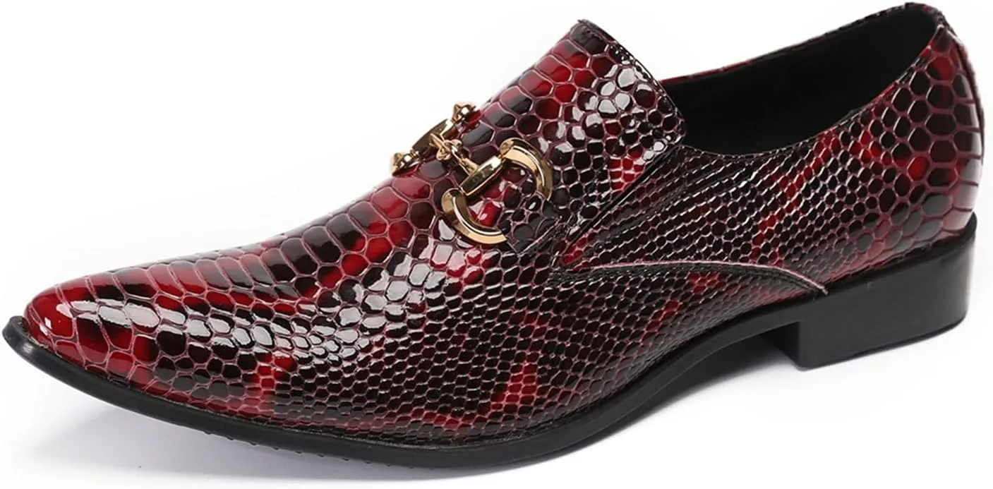 Mens Dress Shoes, Loafers Plus Size Cowhide Shoes Retro Crocodile Pattern Slip on Casual Business Low Top Pointed Toe Breathable Groom Shoes, 38 EU,Red