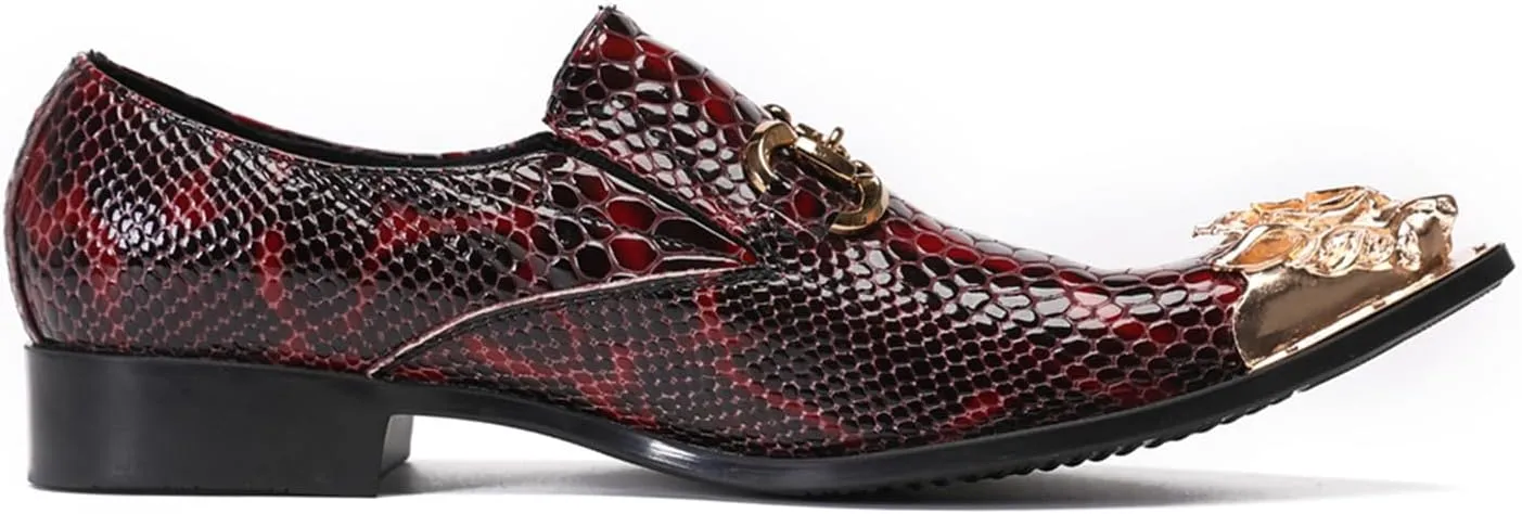 Mens Dress Shoes, Loafers Plus Size Handmade Cowhide Shoes Retro Crocodile Pattern Slip on Casual Business Low Top Metal Toe Breathable Groom Shoes, 43 EU,Red