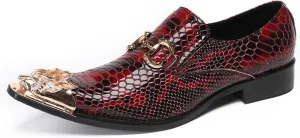 Mens Dress Shoes, Loafers Plus Size Handmade Cowhide Shoes Retro Crocodile Pattern Slip on Casual Business Low Top Metal Toe Breathable Groom Shoes, 43 EU,Red