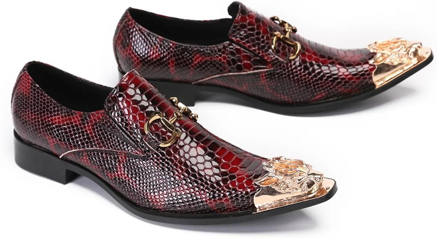 Mens Dress Shoes, Loafers Plus Size Handmade Cowhide Shoes Retro Crocodile Pattern Slip on Casual Business Low Top Metal Toe Breathable Groom Shoes, 43 EU,Red