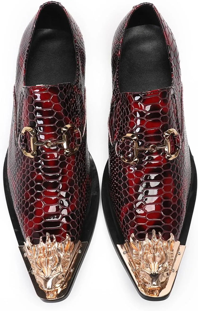 Mens Dress Shoes, Loafers Plus Size Handmade Cowhide Shoes Retro Crocodile Pattern Slip on Casual Business Low Top Metal Toe Breathable Groom Shoes, 43 EU,Red
