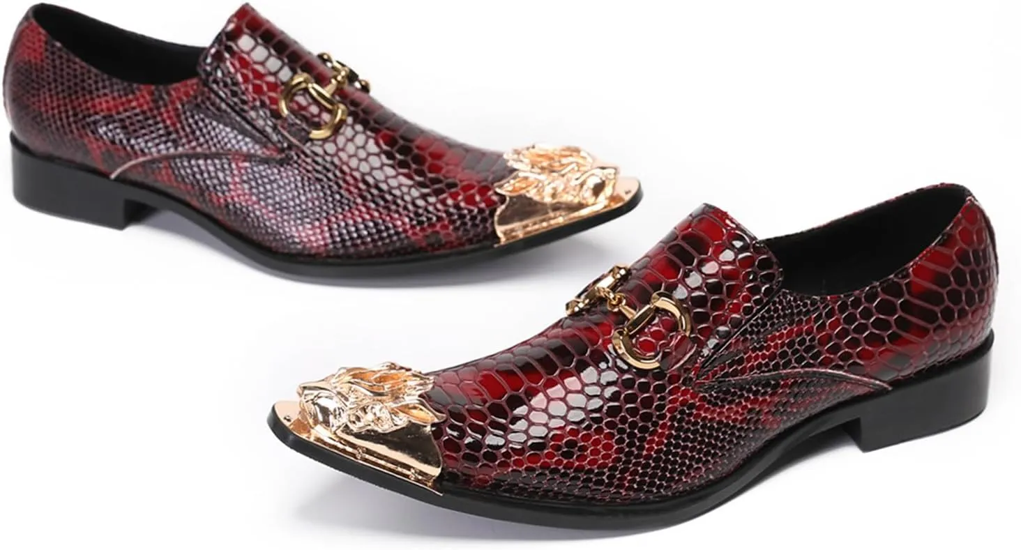 Mens Dress Shoes, Loafers Plus Size Handmade Cowhide Shoes Retro Crocodile Pattern Slip on Casual Business Low Top Metal Toe Breathable Groom Shoes, 43 EU,Red