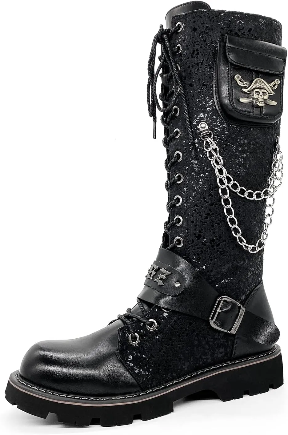 Men's Fashion Punk Motorcycle Boots Retro Metal Chain Lace Up Mid-Calf Boots