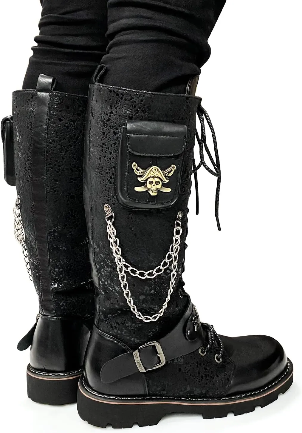 Men's Fashion Punk Motorcycle Boots Retro Metal Chain Lace Up Mid-Calf Boots