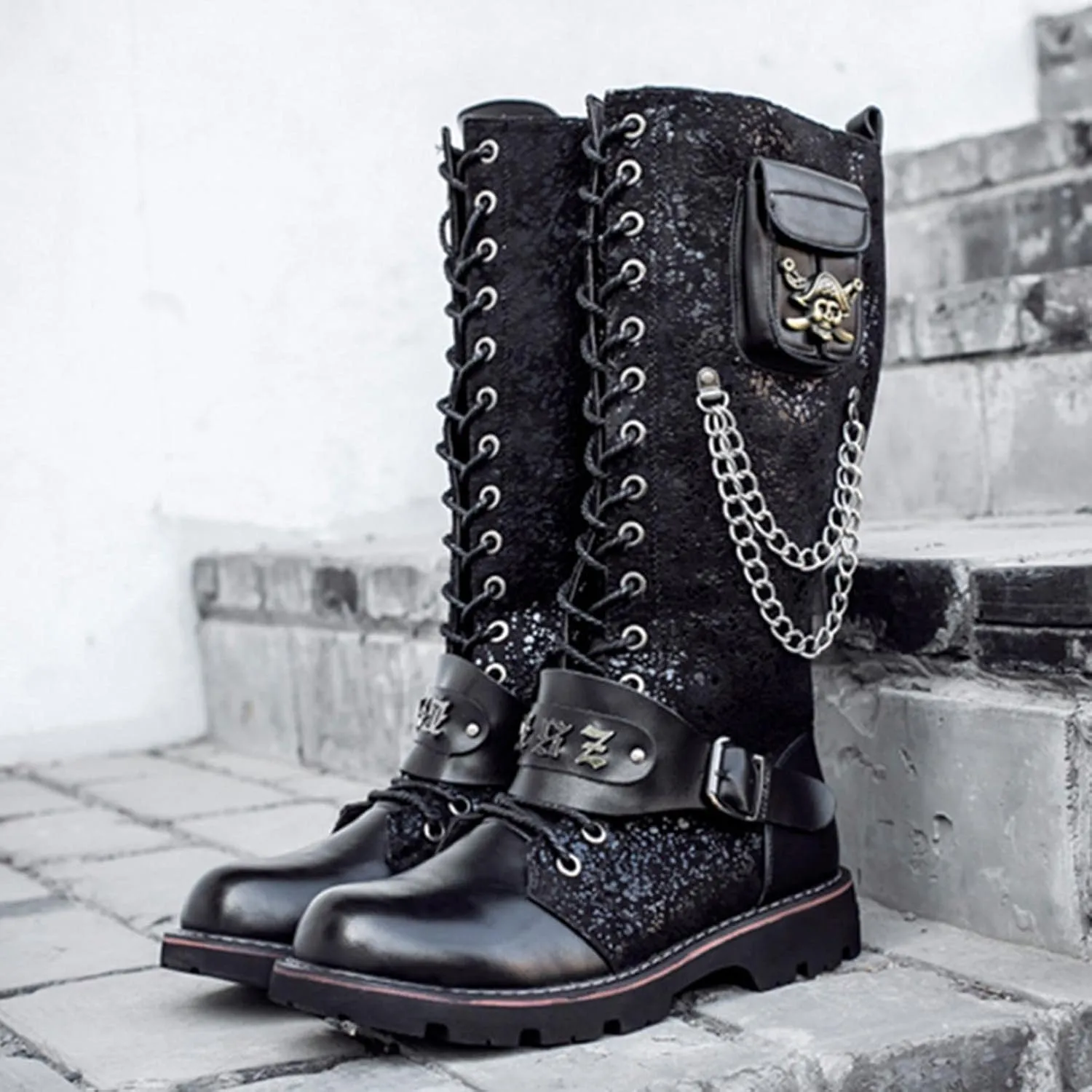Men's Fashion Punk Motorcycle Boots Retro Metal Chain Lace Up Mid-Calf Boots
