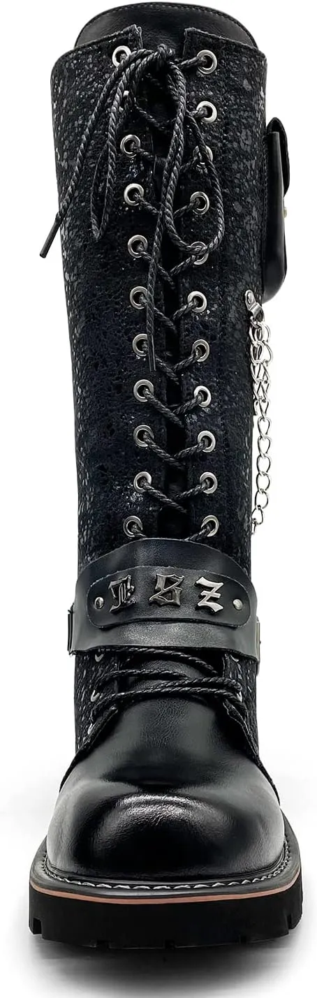 Men's Fashion Punk Motorcycle Boots Retro Metal Chain Lace Up Mid-Calf Boots