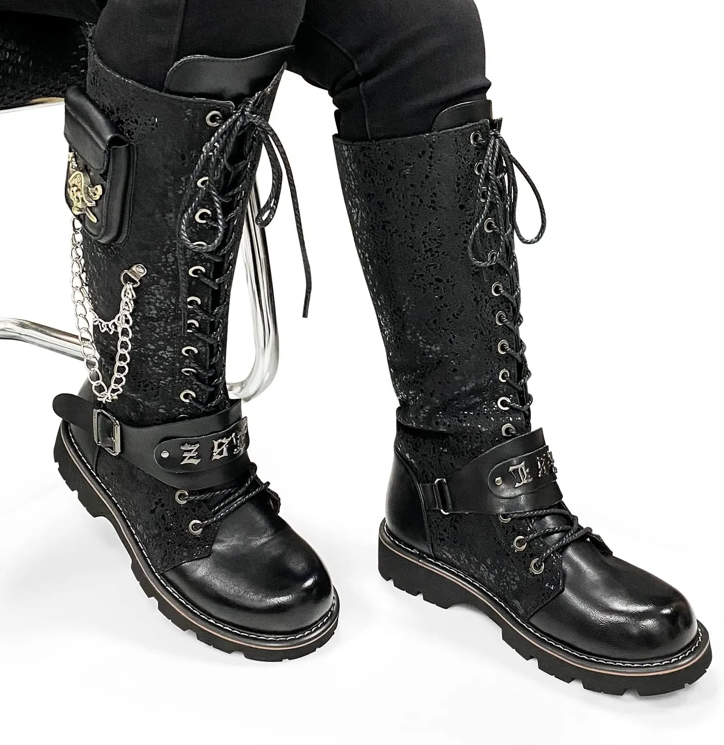 Men's Fashion Punk Motorcycle Boots Retro Metal Chain Lace Up Mid-Calf Boots