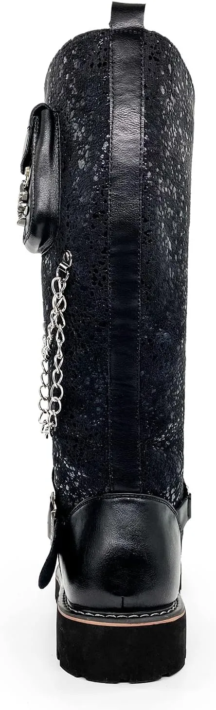 Men's Fashion Punk Motorcycle Boots Retro Metal Chain Lace Up Mid-Calf Boots