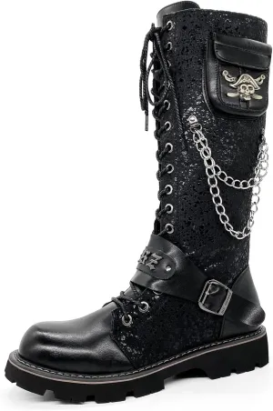 Men's Fashion Punk Motorcycle Boots Retro Metal Chain Lace Up Mid-Calf Boots