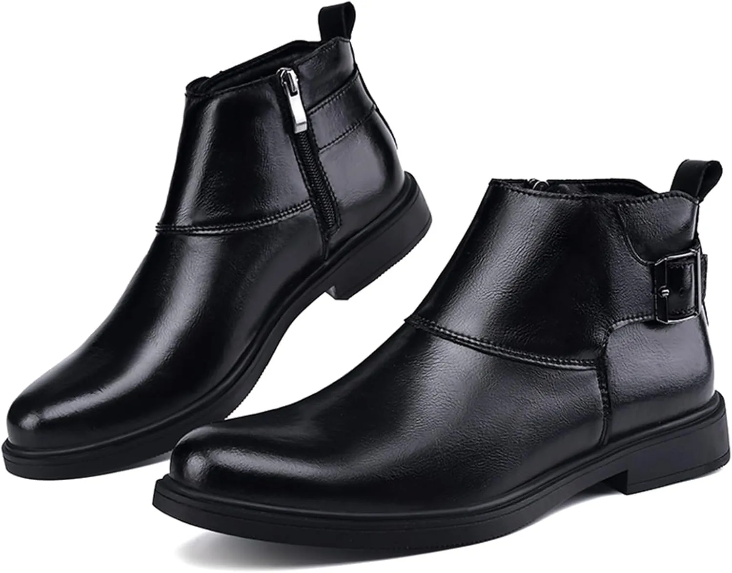 Men's Genuine Leather Buckle Dress Chelsea Boots with Side Zipper Fashion Pointed Toe Waterproof Non-Slip Casual Business Formal Booties