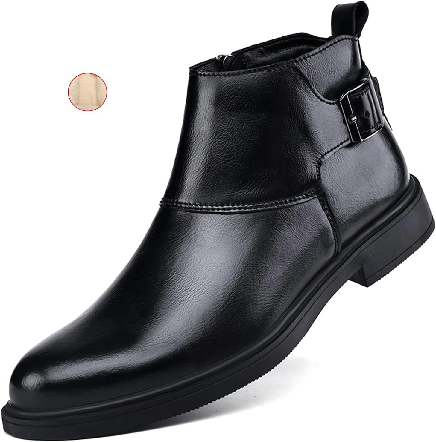 Men's Genuine Leather Buckle Dress Chelsea Boots with Side Zipper Fashion Pointed Toe Waterproof Non-Slip Casual Business Formal Booties