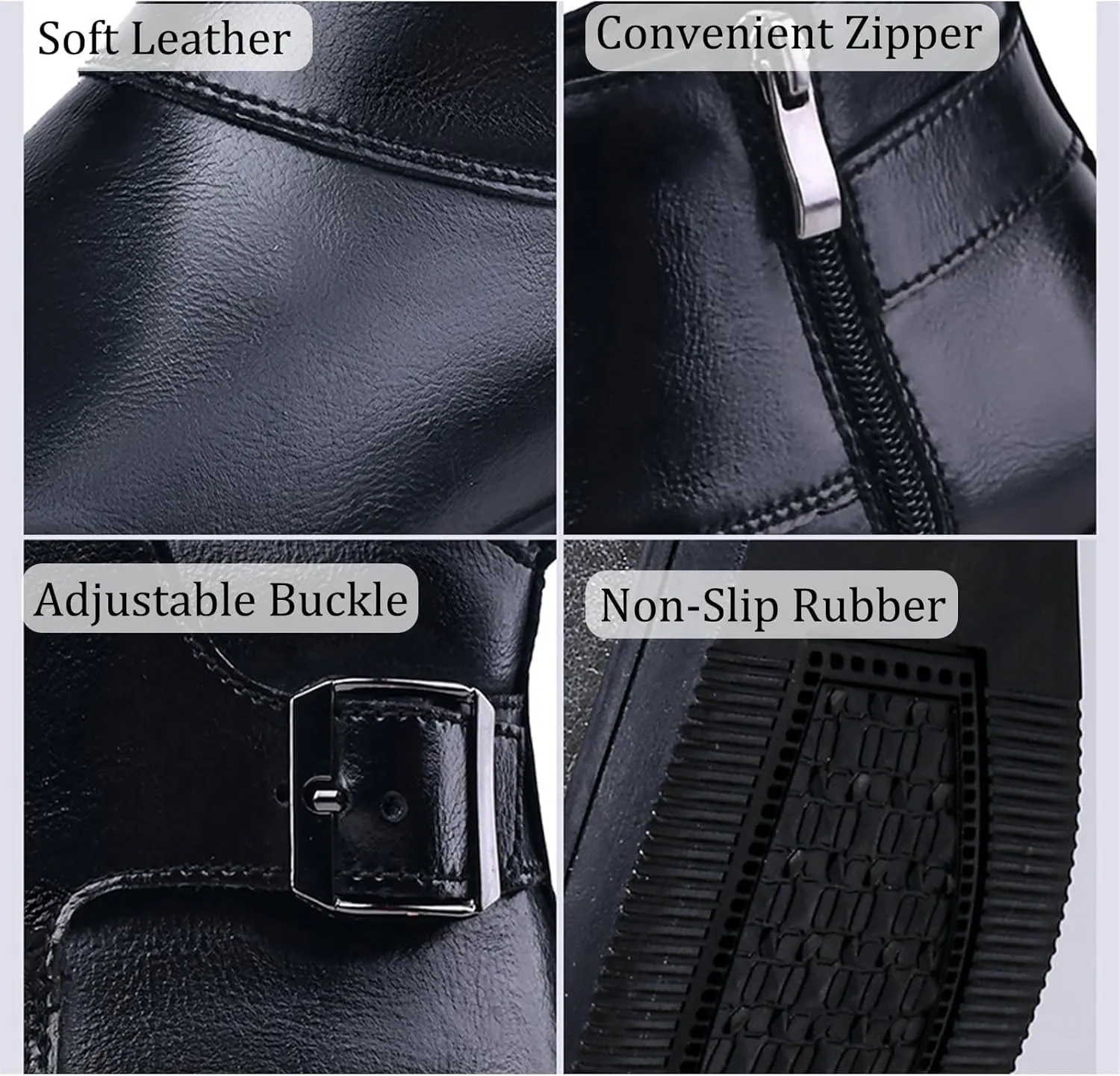 Men's Genuine Leather Buckle Dress Chelsea Boots with Side Zipper Fashion Pointed Toe Waterproof Non-Slip Casual Business Formal Booties